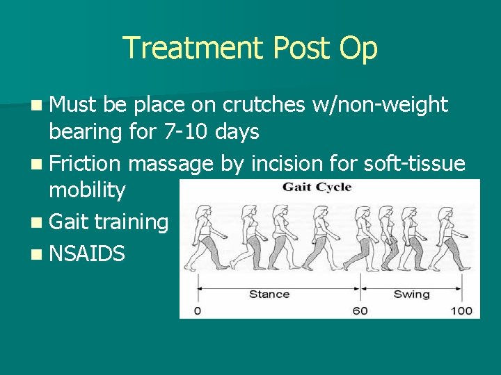 Treatment Post Op n Must be place on crutches w/non-weight bearing for 7 -10