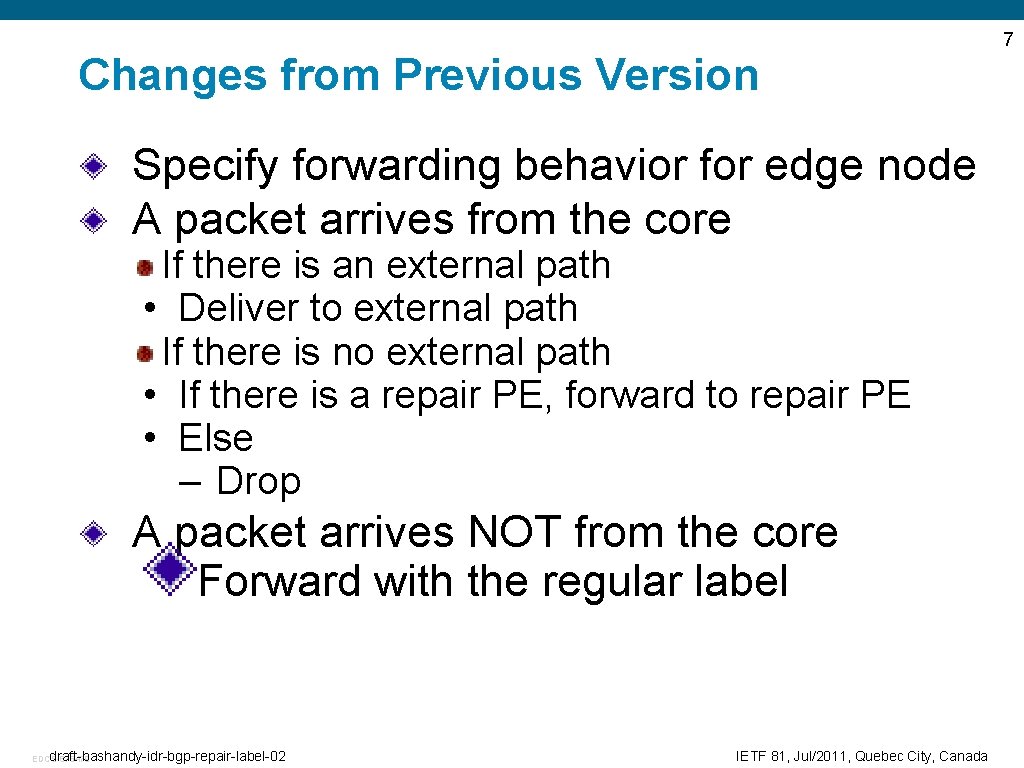 Changes from Previous Version Specify forwarding behavior for edge node A packet arrives from