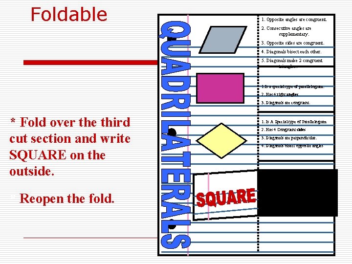 Foldable 1. Opposite angles are congruent. 2. Consecutive angles are supplementary. 3. Opposite sides