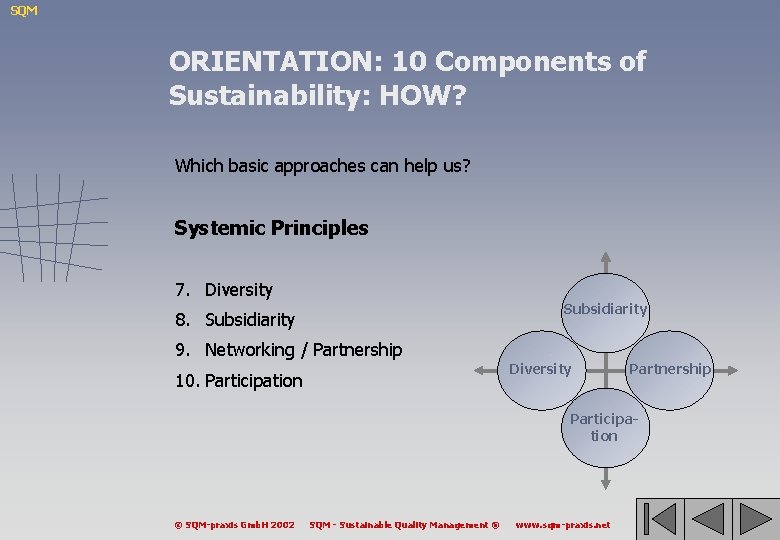 SQM ORIENTATION: 10 Components of Sustainability: HOW? Which basic approaches can help us? Systemic