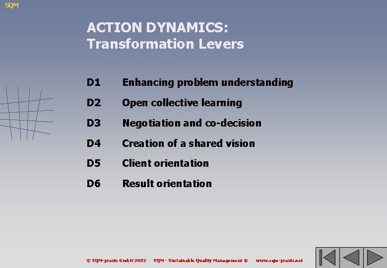 SQM ACTION DYNAMICS: Transformation Levers D 1 Enhancing problem understanding D 2 Open collective