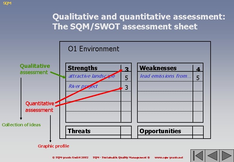 SQM Qualitative and quantitative assessment: The SQM/SWOT assessment sheet O 1 Environment Qualitative assessment