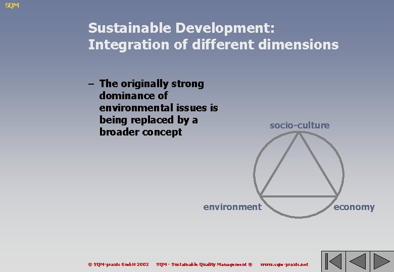 SQM Sustainable Development: Integration of different dimensions – The originally strong dominance of environmental