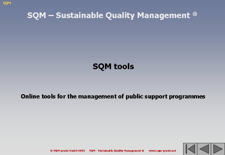 SQM – Sustainable Quality Management ® SQM tools Online tools for the management of