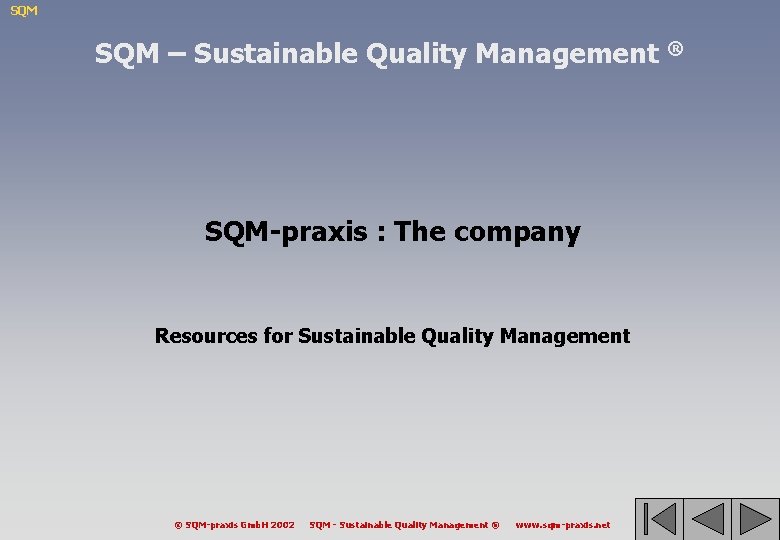 SQM – Sustainable Quality Management ® SQM-praxis : The company Resources for Sustainable Quality
