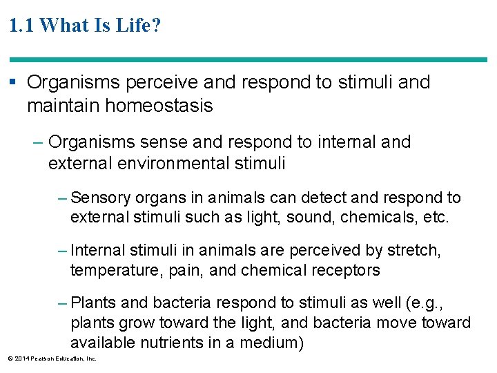 1. 1 What Is Life? § Organisms perceive and respond to stimuli and maintain