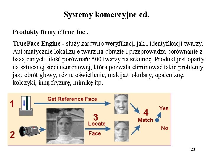 Systemy komercyjne cd. Produkty firmy e. True Inc. True. Face Engine - służy zarówno