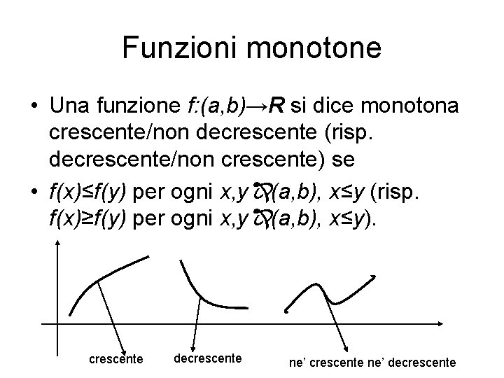 Funzioni monotone • Una funzione f: (a, b)→R si dice monotona crescente/non decrescente (risp.