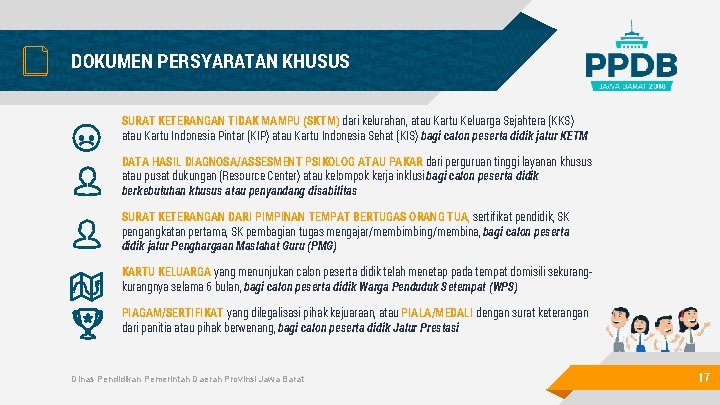 DOKUMEN PERSYARATAN KHUSUS SURAT KETERANGAN TIDAK MAMPU (SKTM) dari kelurahan, atau Kartu Keluarga Sejahtera