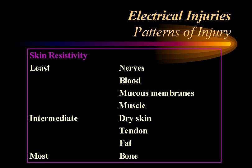 Electrical Injuries Patterns of Injury Skin Resistivity Least Intermediate Most Nerves Blood Mucous membranes