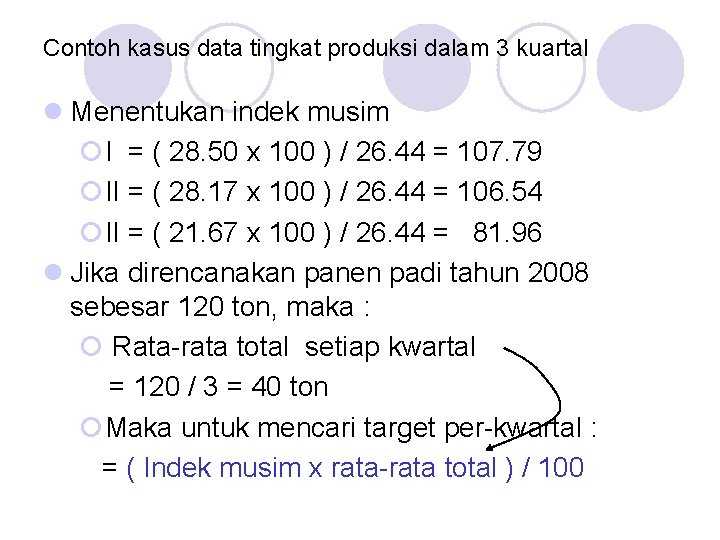 Contoh kasus data tingkat produksi dalam 3 kuartal l Menentukan indek musim ¡I =