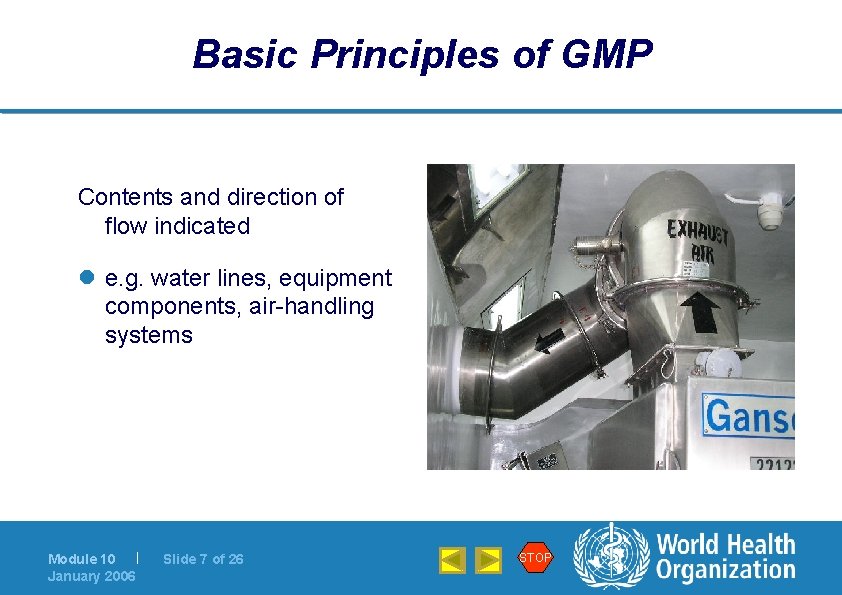 Basic Principles of GMP Contents and direction of flow indicated l e. g. water