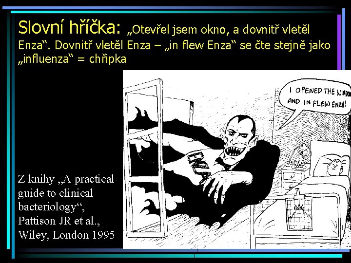 Slovní hříčka: „Otevřel jsem okno, a dovnitř vletěl Enza“. Dovnitř vletěl Enza – „in