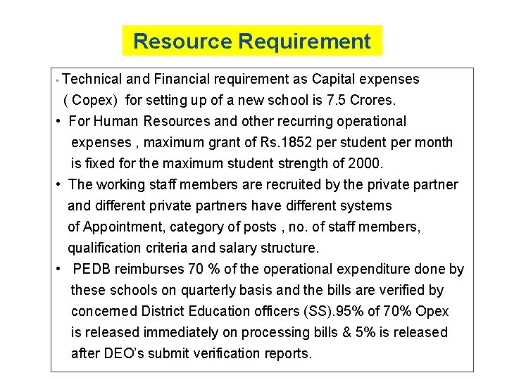 Resource Requirement • Technical and Financial requirement as Capital expenses ( Copex) for setting