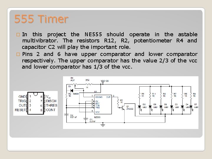 555 Timer In this project the NE 555 should operate in the astable multivibrator.