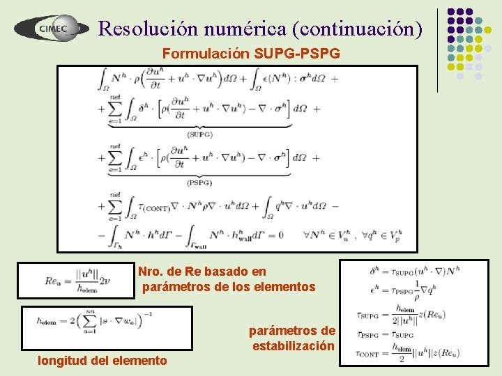 Resolución numérica (continuación) Formulación SUPG-PSPG Nro. de Re basado en parámetros de los elementos