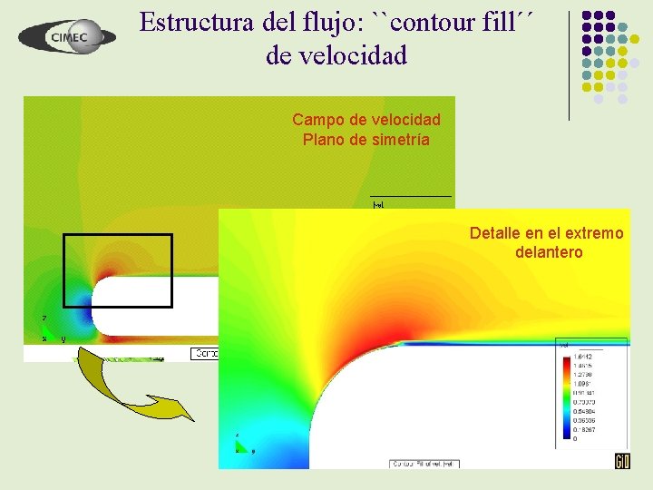 Estructura del flujo: ``contour fill´´ de velocidad Campo de velocidad Plano de simetría Detalle