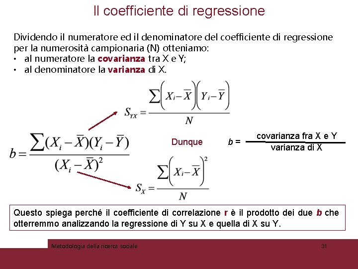 Il coefficiente di regressione Dividendo il numeratore ed il denominatore del coefficiente di regressione
