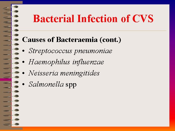 Bacterial Infection of CVS Causes of Bacteraemia (cont. ) • Streptococcus pneumoniae • Haemophilus