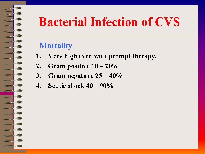 Bacterial Infection of CVS Mortality 1. 2. 3. 4. Very high even with prompt