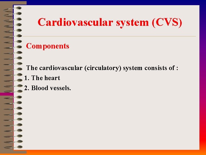 Cardiovascular system (CVS) Components The cardiovascular (circulatory) system consists of : 1. The heart