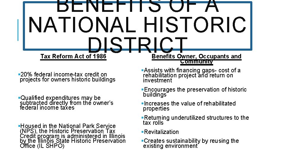 BENEFITS OF A NATIONAL HISTORIC DISTRICT Tax Reform Act of 1986 § 20% federal