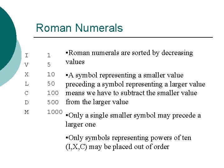 Roman Numerals I V X L C D M 1 5 10 50 100