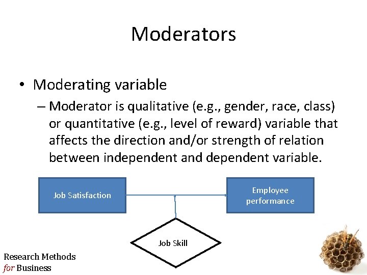 Moderators • Moderating variable – Moderator is qualitative (e. g. , gender, race, class)