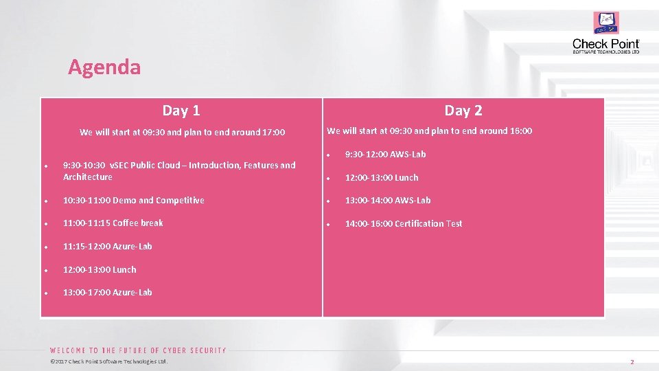 Agenda Day 1 We will start at 09: 30 and plan to end around
