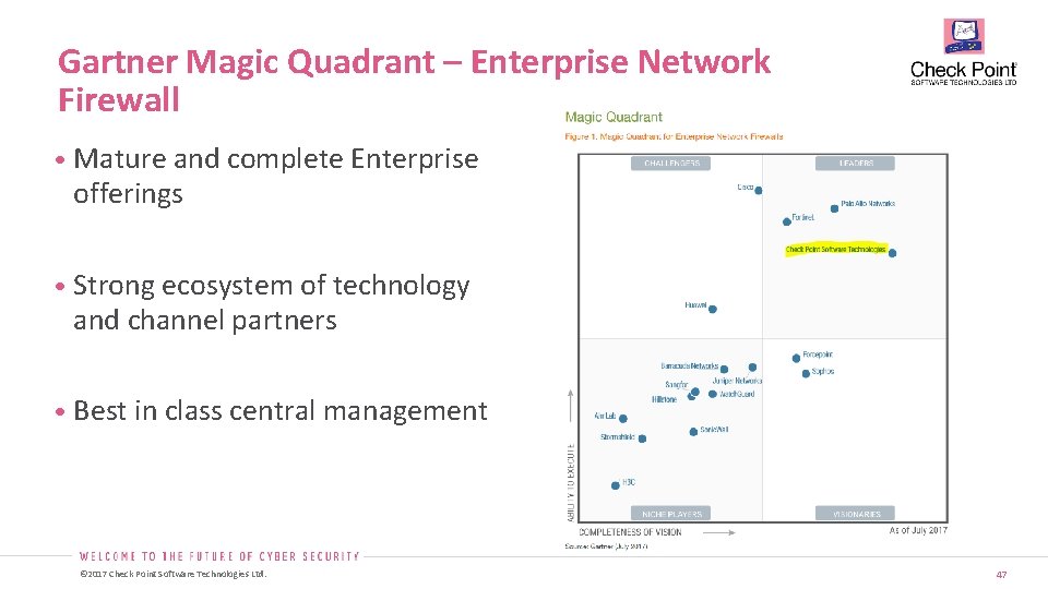 Gartner Magic Quadrant – Enterprise Network Firewall • Mature and complete Enterprise offerings •