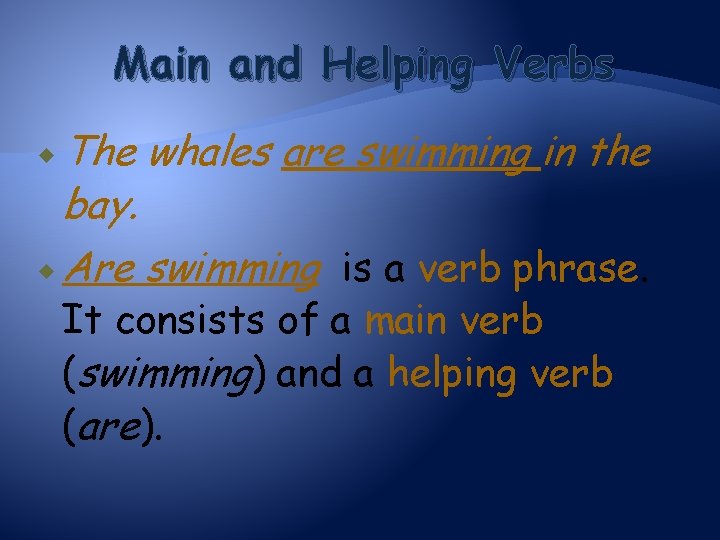 Main and Helping Verbs The whales are swimming in the bay. Are swimming is