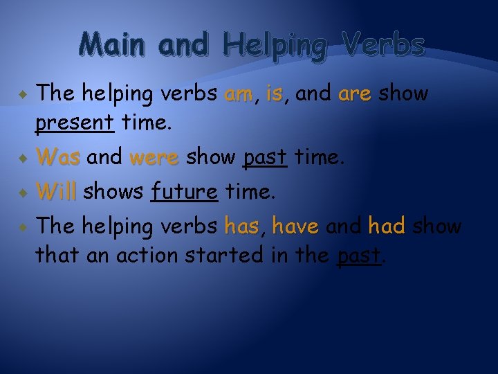 Main and Helping Verbs The helping verbs am, am is, is and are show