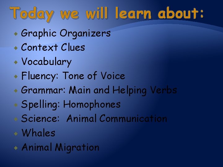 Today we will learn about: Graphic Organizers Context Clues Vocabulary Fluency: Tone of Voice