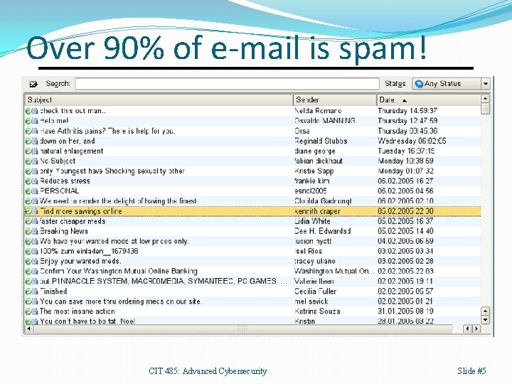 Over 90% of e-mail is spam! CIT 485: Advanced Cybersecurity Slide #5 
