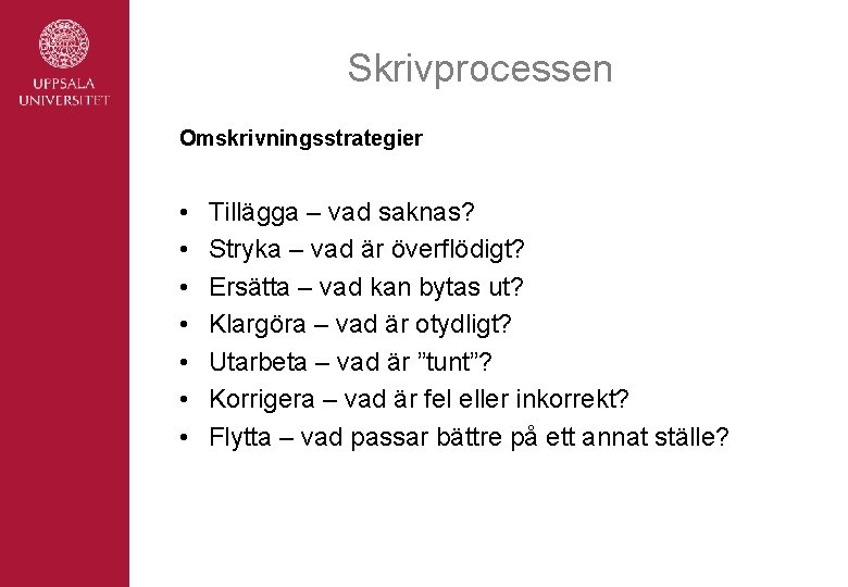 Skrivprocessen Omskrivningsstrategier • • Tillägga – vad saknas? Stryka – vad är överflödigt? Ersätta