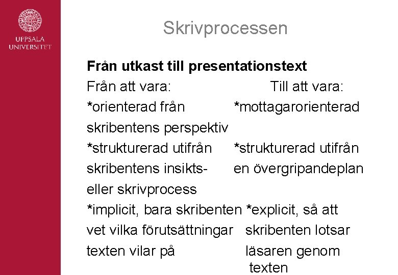 Skrivprocessen Från utkast till presentationstext Från att vara: Till att vara: *orienterad från *mottagarorienterad