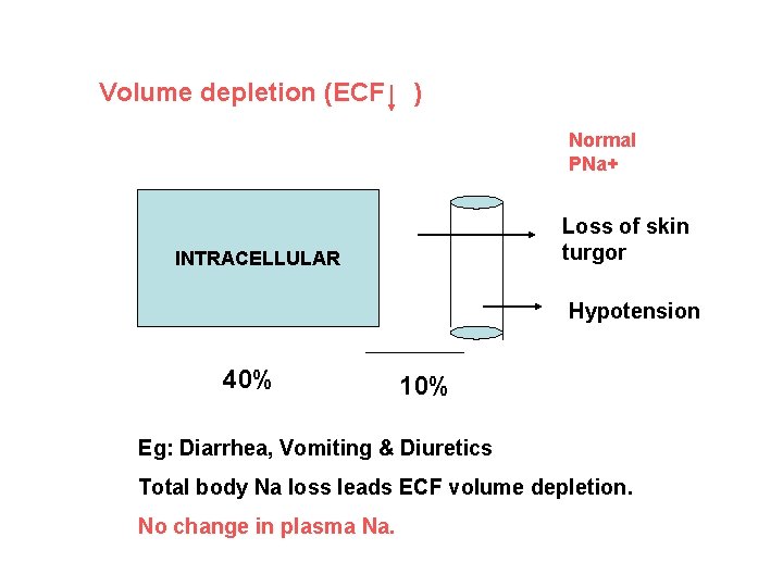 Volume depletion (ECF ) Normal PNa+ Loss of skin turgor INTRACELLULAR Hypotension 40% 10%
