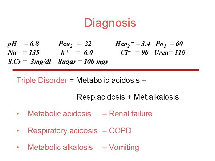 Diagnosis p. H = 6. 8 Pco 2 = 22 Na+ = 135 k