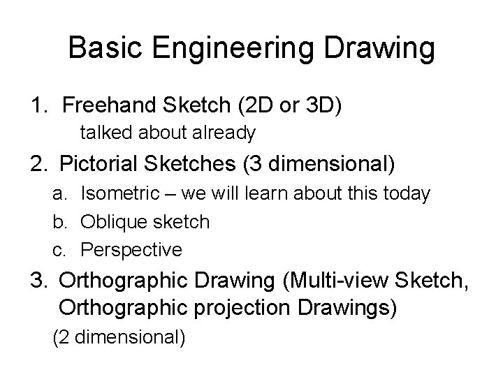 Basic Engineering Drawing 1. Freehand Sketch (2 D or 3 D) talked about already