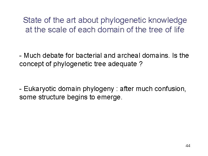 State of the art about phylogenetic knowledge at the scale of each domain of