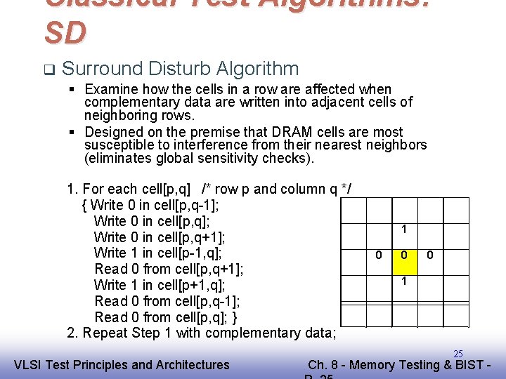 Classical Test Algorithms: SD q Surround Disturb Algorithm § Examine how the cells in