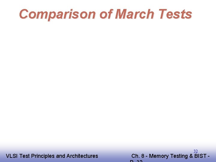 Comparison of March Tests EE 141 VLSI Test Principles and Architectures 32 Ch. 8