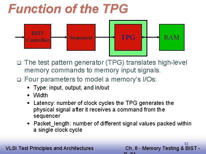 Function of the TPG BIST Controller q q Sequencer TPG RAM The test pattern