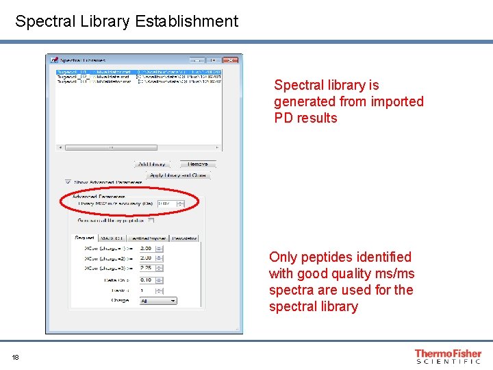 Spectral Library Establishment Spectral library is generated from imported PD results Only peptides identified