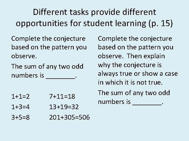 Different tasks provide different opportunities for student learning (p. 15) Complete the conjecture based