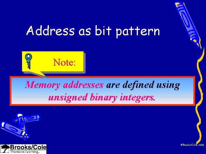 Address as bit pattern Note: Memory addresses are defined using unsigned binary integers. ©Brooks/Cole,