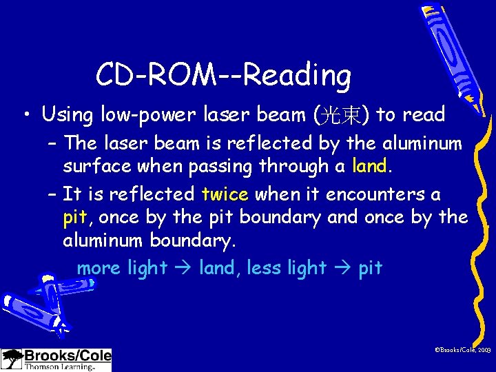 CD-ROM--Reading • Using low-power laser beam (光束) to read – The laser beam is