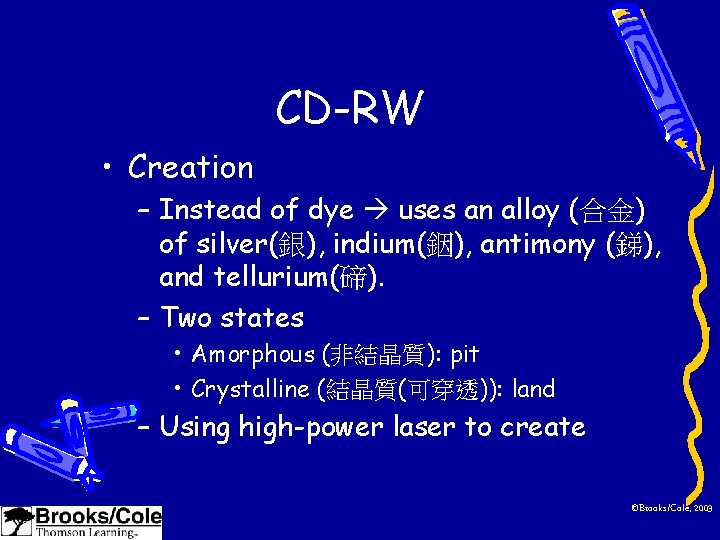 CD-RW • Creation – Instead of dye uses an alloy (合金) of silver(銀), indium(銦),