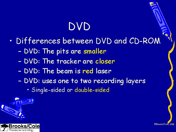 DVD • Differences between DVD and CD-ROM – – DVD: The pits are smaller