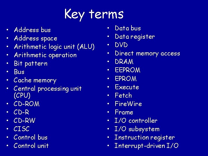 Key terms • • • • Address bus Address space Arithmetic logic unit (ALU)